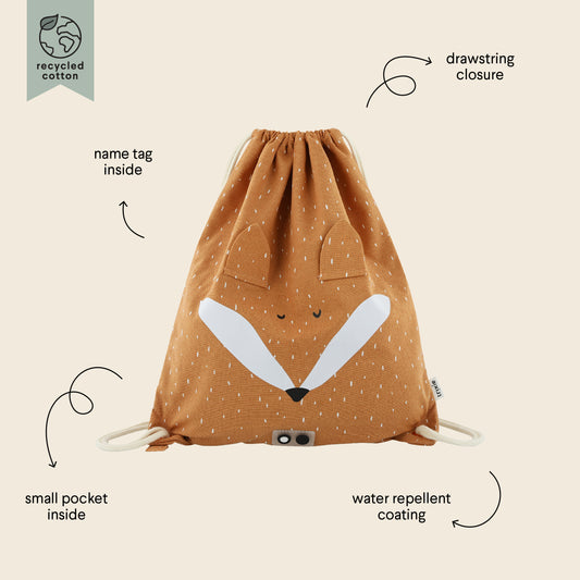 Sacca con coulisse Trixie Mr. Fox, leggera e resistente, con stampa a volpe, ideale per trasportare piccoli oggetti.