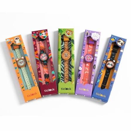 Orologio al quarzo Djeco Ticlock con design di tigre, cinturino colorato e quadrante illustrato, perfetto per bambini e collezionisti.