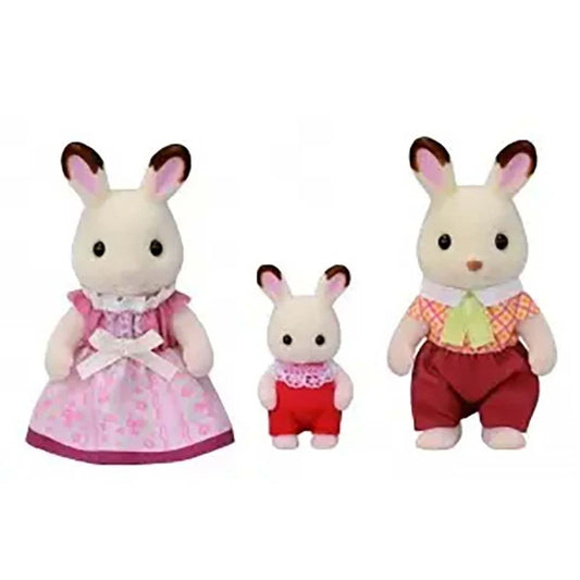 Set di gioco Epoch Sylvanian Families Trio famiglia coniglio cioccolato, personaggi in stile dolce e dettagliato.