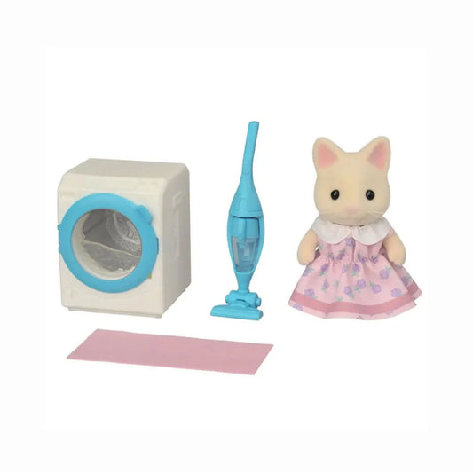 Set di gioco Epoch 5775 Sylvanian Families con gatto Flora, lava e pulisci di bebè, dettagli colorati e realistici