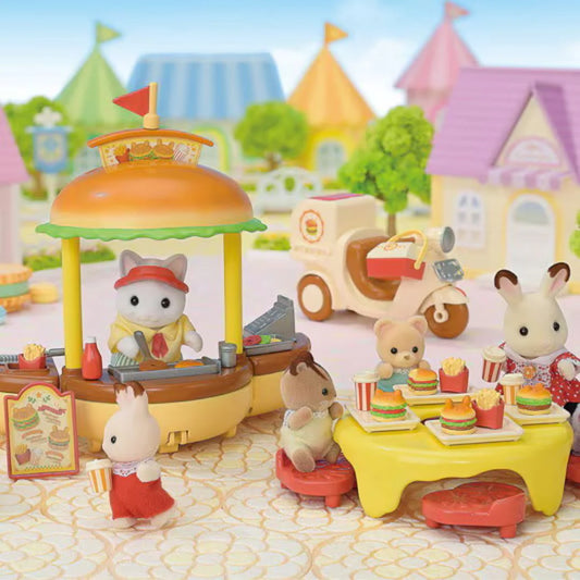 Set gioco Epoch 5757 Famiglie Sylvanian, chiosco hamburger con dettagli colorati e accessori per il gioco dei bambini.