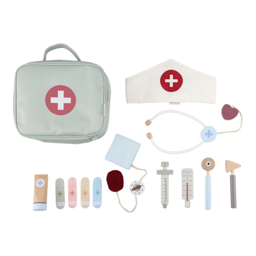 Set da gioco Little Dutch con borsa da dottore, giochi d'imitazione con strumenti medici in plastica colorata.