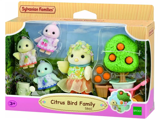 Set di gioco Epoch 5860 Famiglia uccelli Sylvanian Families con figure di uccelli e elementi di agrumi, dettagliato e colorato