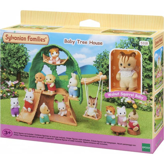 Playset Casa albero Sylvanian Families Epoch 5318 con dettagli di case e figure in miniatura.