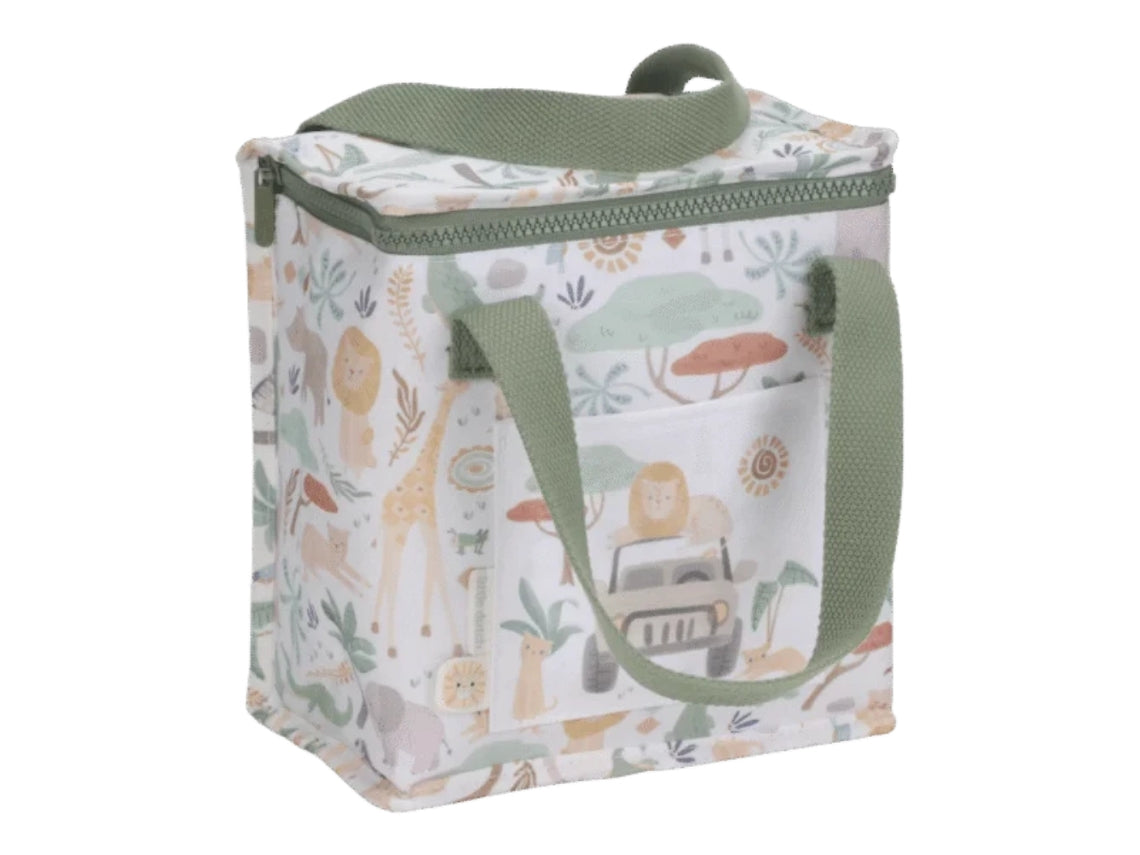 Borsa frigo Little Dutch Safari Friends con stampa animali, manici resistenti e rivestimento termico per alimenti.