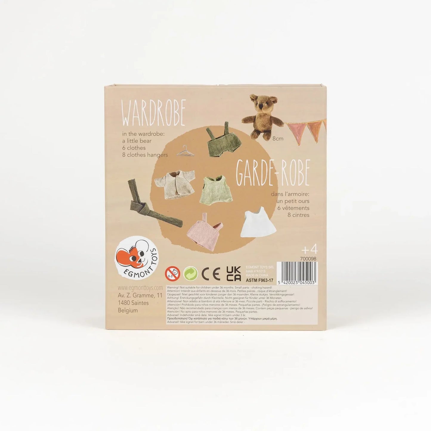 Armadio dell'orsetto della casa delle bambole Egmont Toys, scatola in legno con porte e dettagli decorativi.