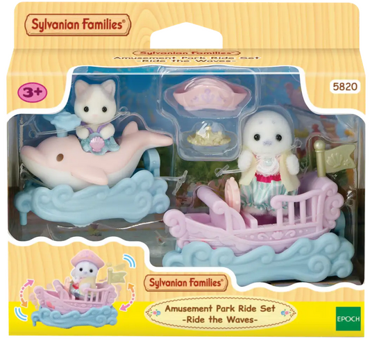 Set playset Epoch Sylvanian Families Cavalca le onde con attrazioni e personaggi in un parco divertimenti colorato