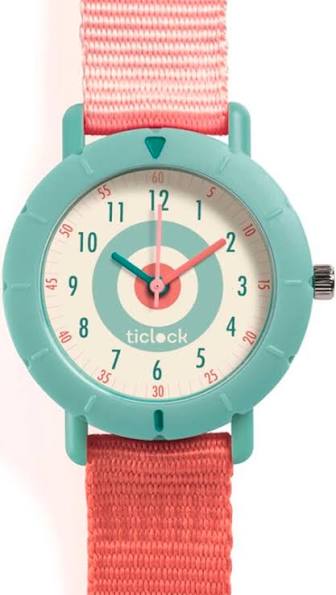 Orologio al quarzo Djeco Ticlock Bersaglio rosa con design colorato e moderno, mostra quadrante con bersaglio rosa e cinturino in silicone