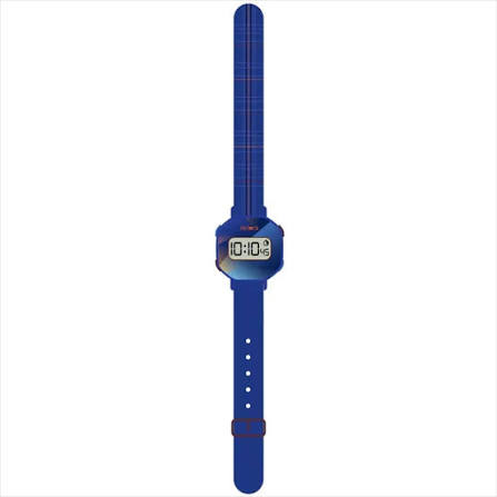 Orologio digitale Djeco Ticlock blu con display e funzione sonora, mostrato su una superficie bianca.
