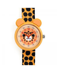 Orologio al quarzo Djeco Ticlock con design di ghepardo, quadrante chiaro e cinturino in silicone, stile giocoso e colorato.