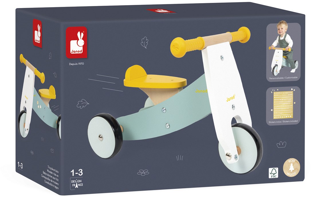 Triciclo senza pedali Janod Happy Garden colorato per bambini, ideale per i primi passi e il gioco all'aperto.