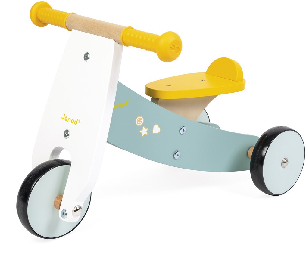 Triciclo senza pedali Janod Happy Garden per primi passi, cavalletta multicolore con manubrio e sedile robusto.