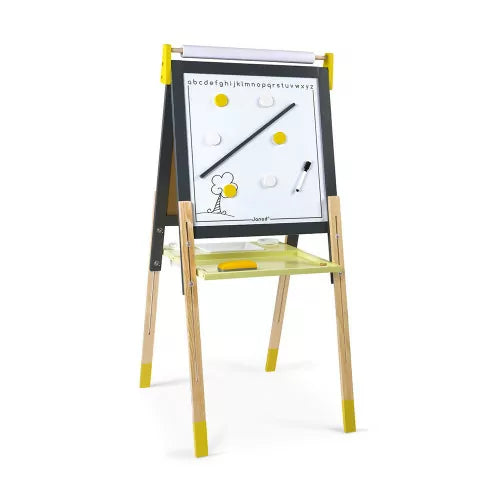 Lavagna magnetica Janod in legno regolabile doppia faccia grigia e gialla con accessori per bambini, superficie magnetica e scrittura.