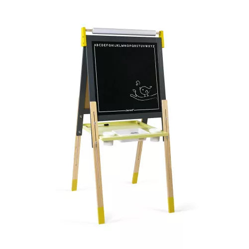 Lavagna magnetica Janod in legno regolabile doppia faccia grigia e gialla con accessori per disegno e scrittura.