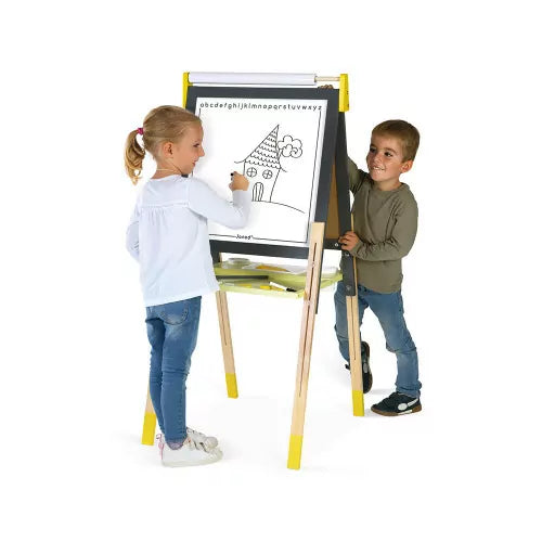 Lavagna magnetica Janod in legno regolabile a doppia faccia grigia e gialla con accessori per bambini.