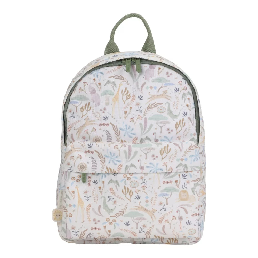 Zaino Little Dutch Safari Friends da 29cm con design di animali e colori vivaci, ideale per bambini e scuola.