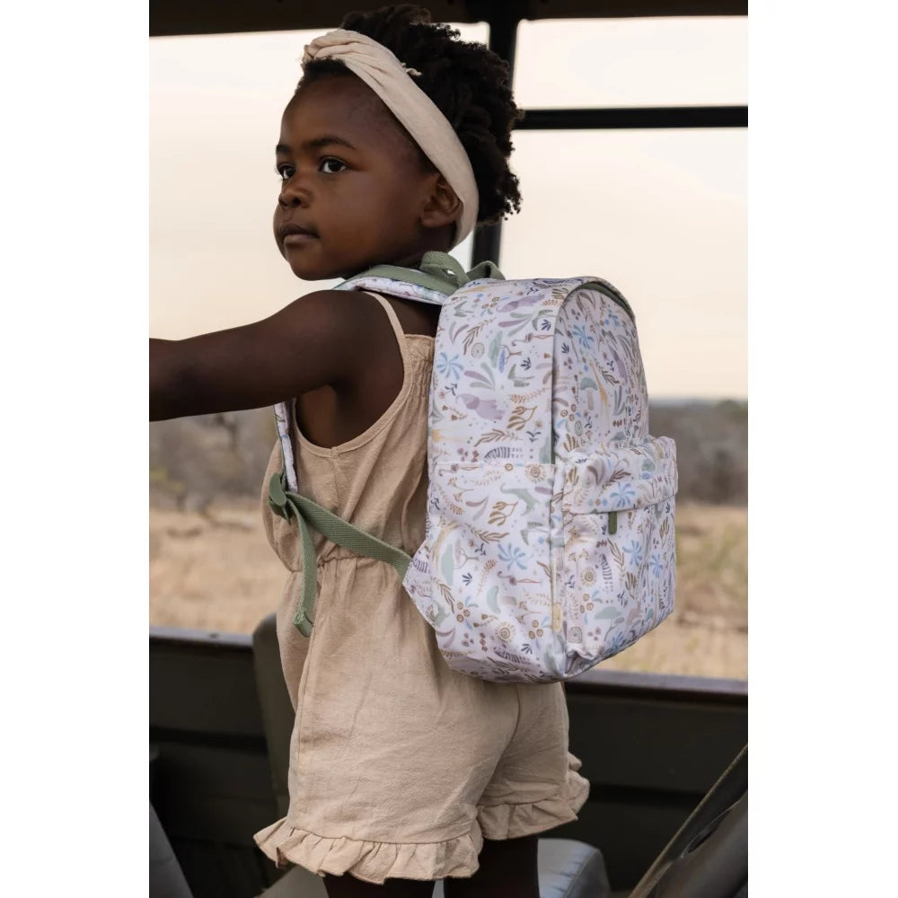 Zaino Little Dutch Safari Friends da 29 cm con design di animali safari, perfetto per bambini, con dettagli colorati e manico resistente.