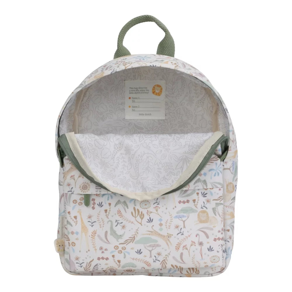 Zaino Little Dutch Safari Friends da 29cm con disegni di animali, ideale per bambini, in tessuto colorato con dettagli divertenti.
