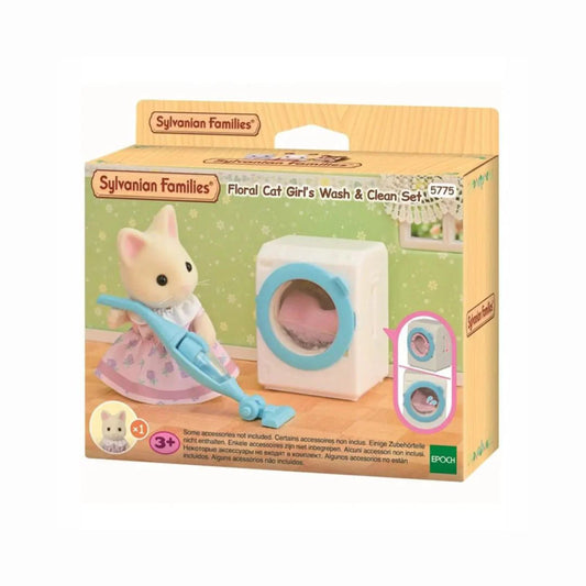 Set di gioco Epoch 5775 Sylvanian Families con gatto Flora, lava e pulisci, dettagli realistici e colorati.