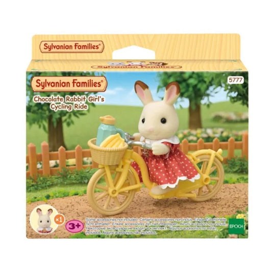 Set di gioco Epoch 5777 Sylvanian Families con ragazza coniglio cioccolato in bicicletta, dettagli colorati e scene di gioco all'aperto