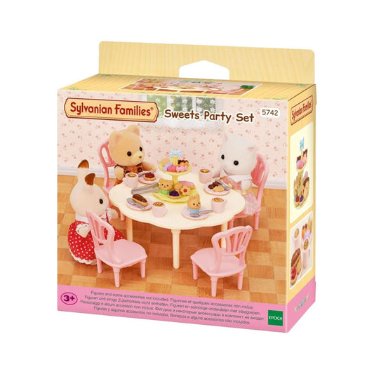Set di gioco Epoch Sylvanian Families Festa con dolci, include tavolo con torte e accessori per feste in miniatura.