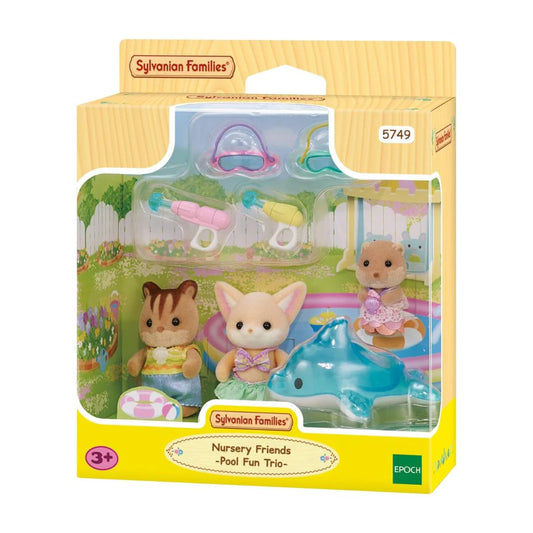 Set di gioco Epoch Sylvanian Families Amici dell'asilo con tre personaggi in piscina, dettagli colorati e realistici