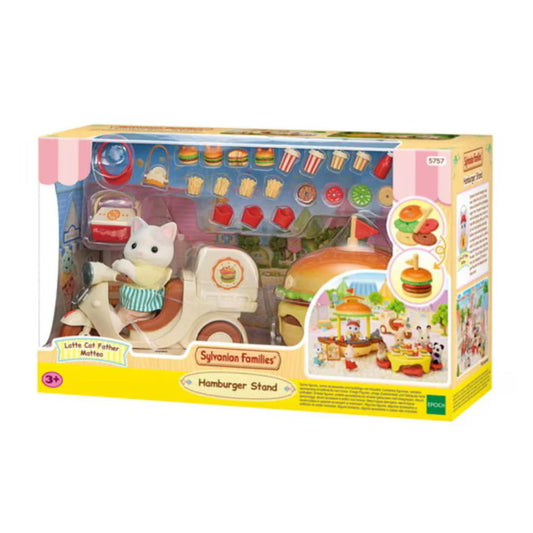 Set di gioco Epoch 5757 Sylvanian Families chiosco hamburger con personaggi e dettagli realistici.