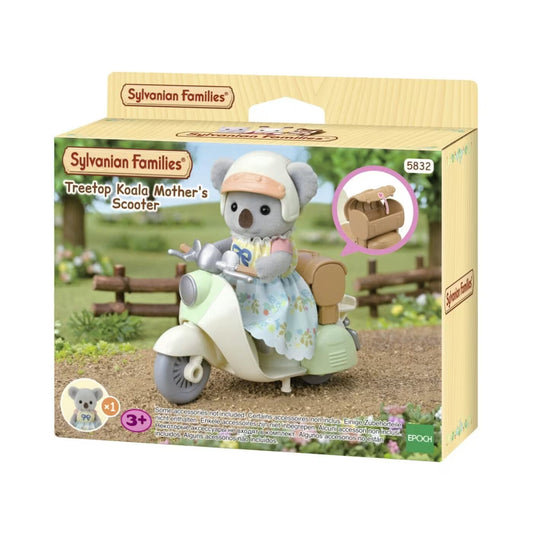 Set di giochi Epoch con mamma koala Sylvanian Families su scooter, figura di peluche e accessori in dettaglio.