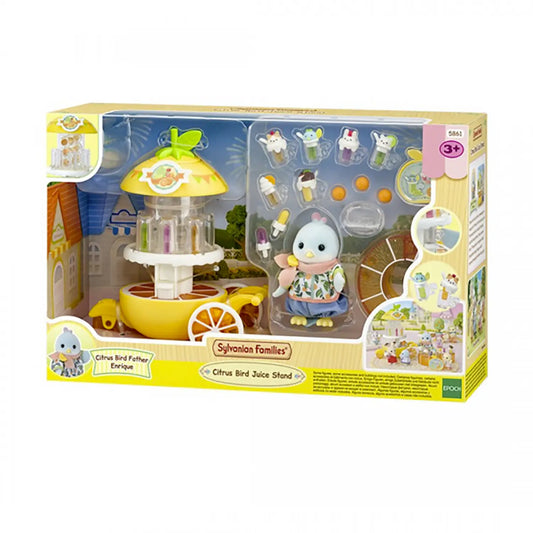 Set di gioco Epoch Sylvanian Families chiosco di succhi di frutta Citrus Bird, parco divertimenti con dettagli colorati e accessori