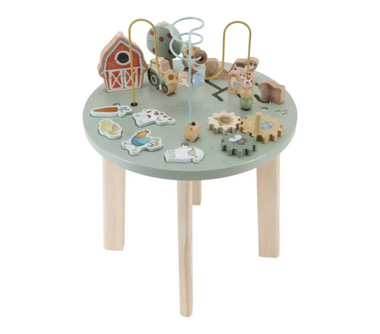 Tavolo multiattività Little Farm di Little Dutch, gioco educativo con superfici colorate e dettagli agricoli per bambini.